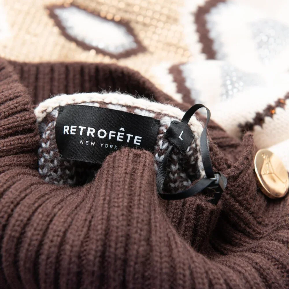 Retrofete Goldle Dress Sweater Mini Knit Long Sleeve Brown Cream Size Large New - Picture 4 of 9